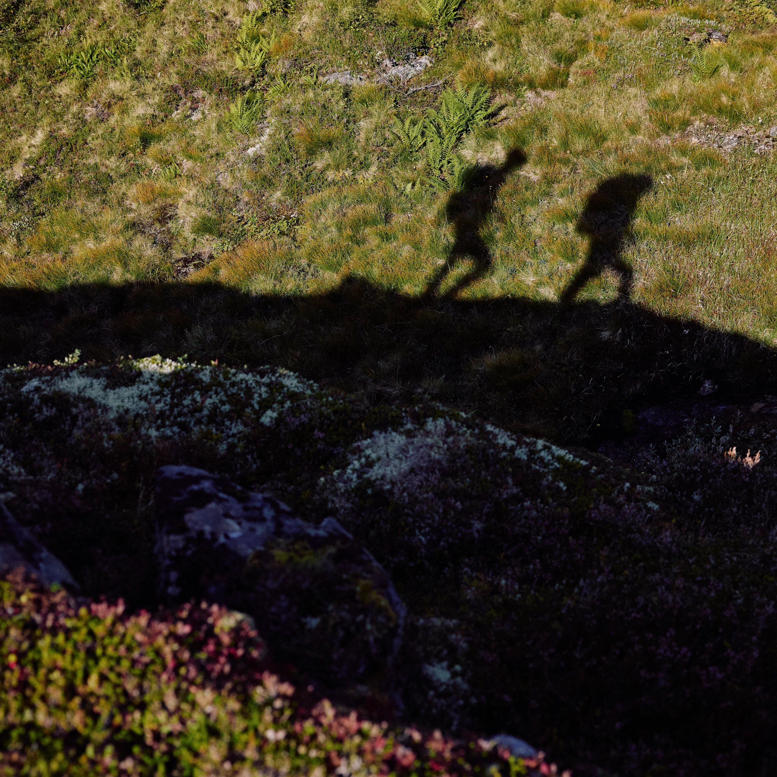 Two people standing on top of a rocky hill in the mountains.