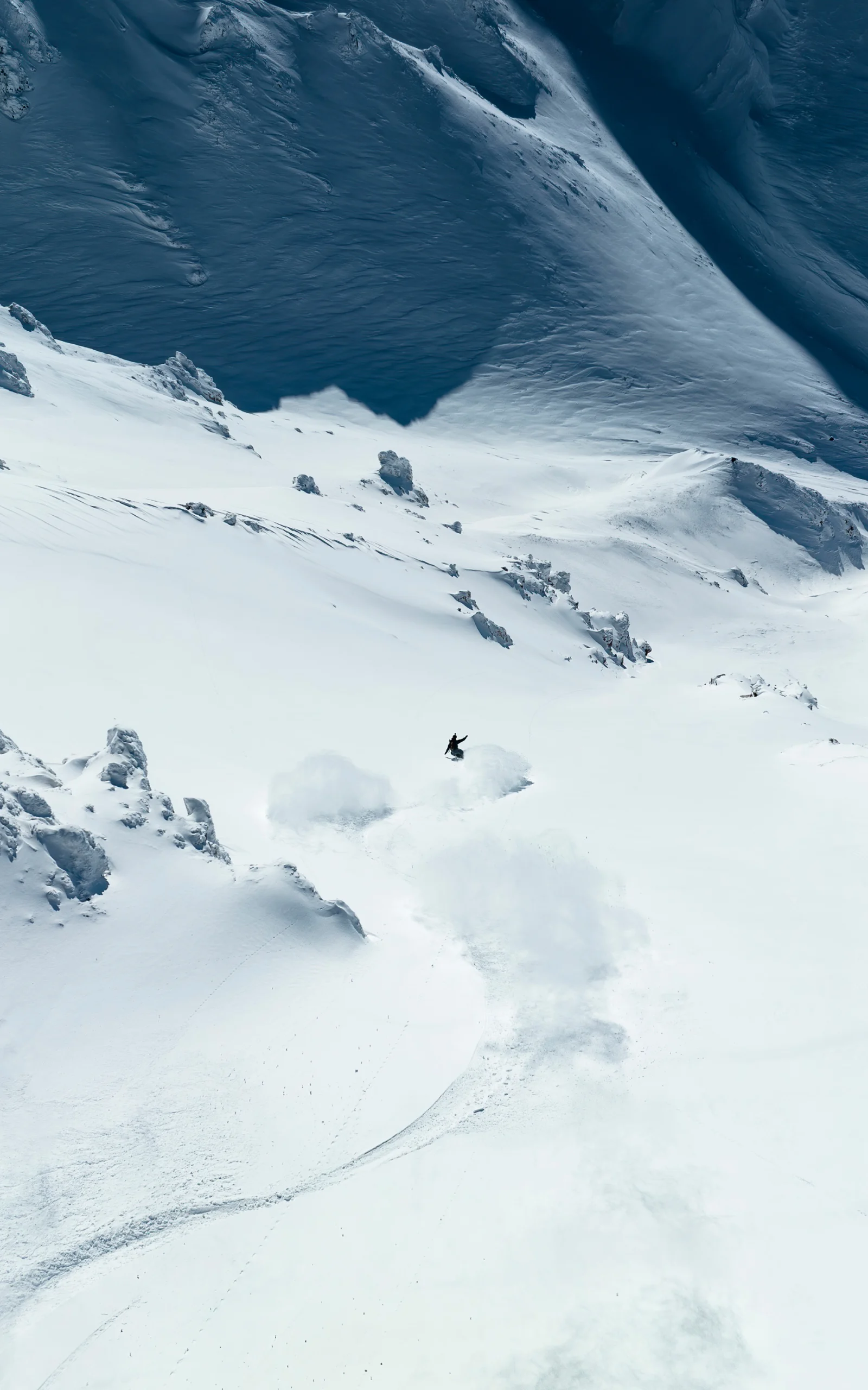 Skiing down crispy snow