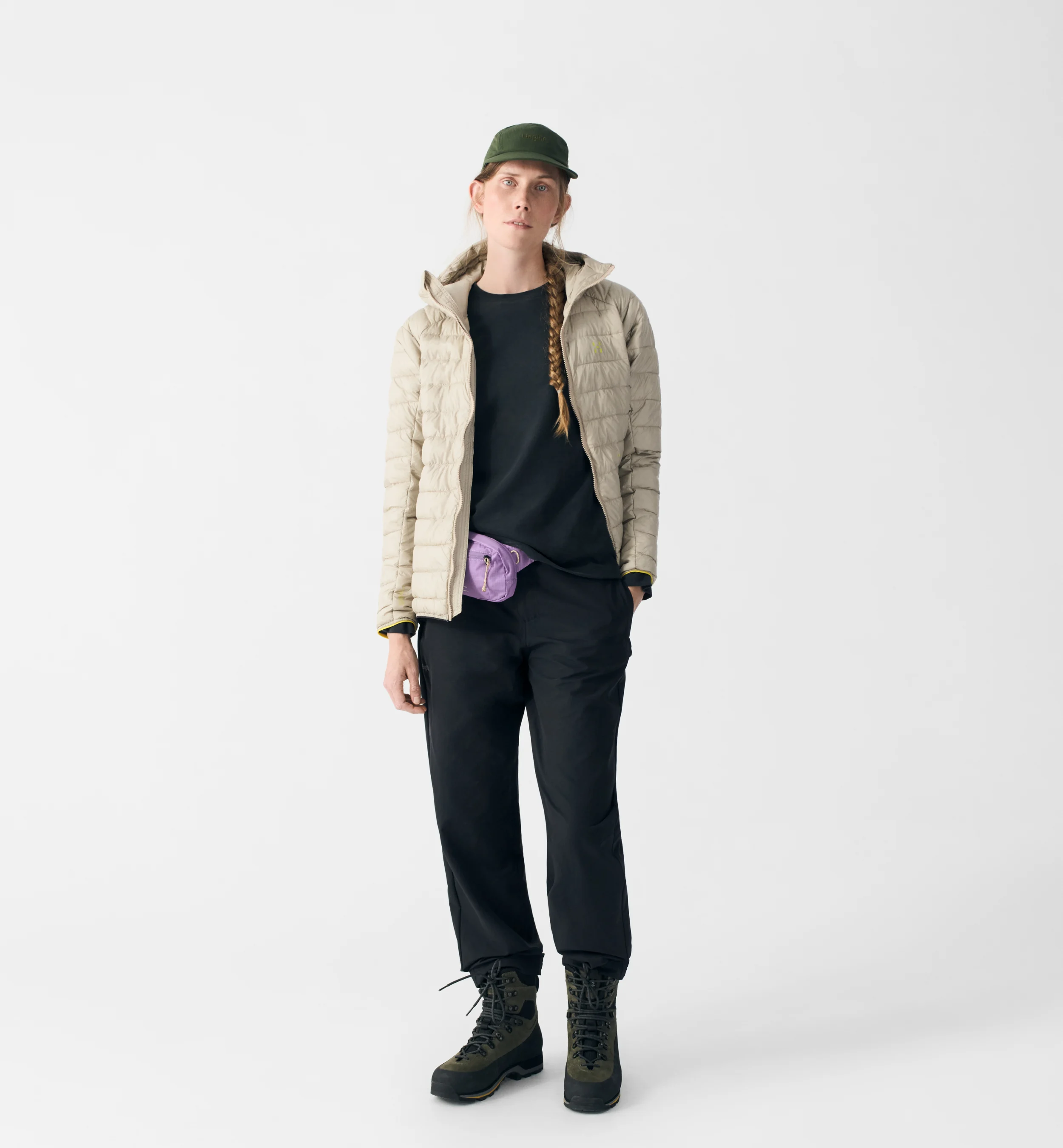 Female model wearing our Brand Mimic Hood Jacket.