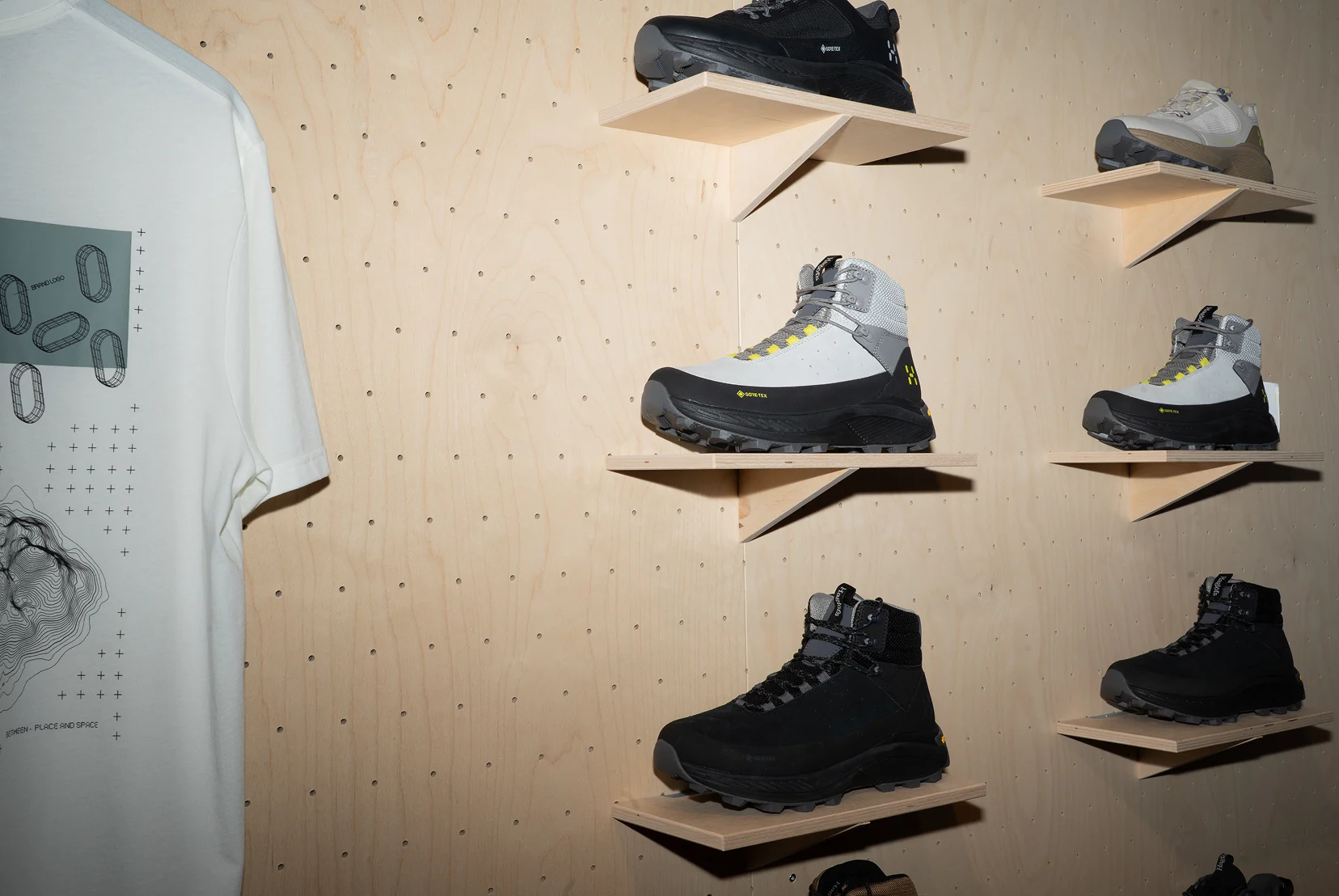 Image of shoes standing on shelfs in the store