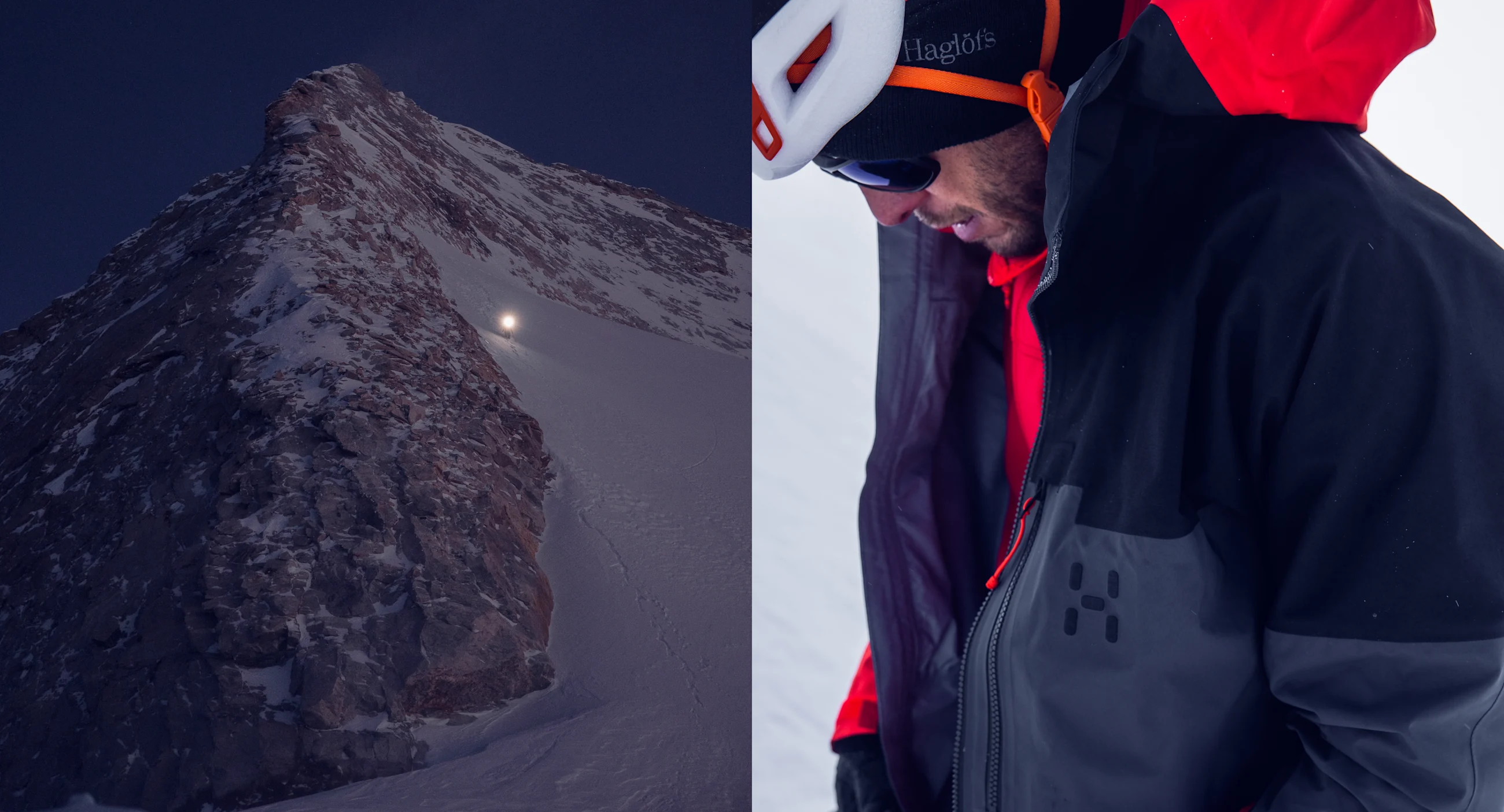 Haglöfs FW25 Spitz | Fit for the climb 2 Images Man climbing a mountain and detail image on the Spitz jacket