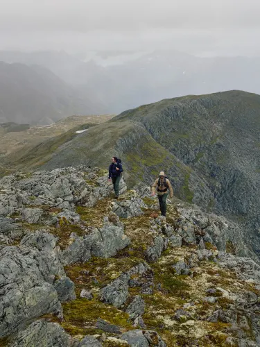 Two people hiking in the mountains on a foggy autumn day.